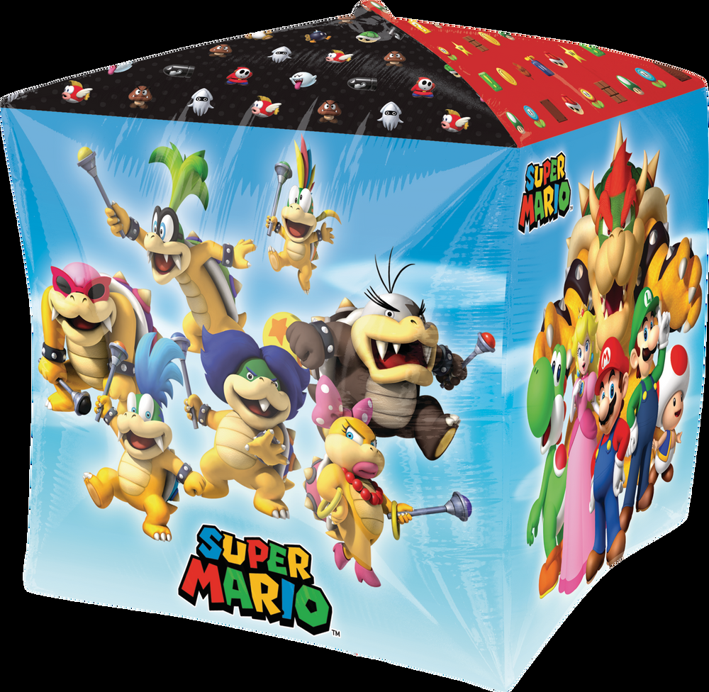 Nintendo Super Mario Bros Browser/Yoshi/Toad Cubez Satin Foil Balloon, Multi-Coloured, 15-in, Helium Inflation & Ribbon Included for Birthday Party