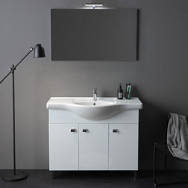 Armoire De Salle De Bains De 105 Cm À Poser, 3 Portes, Blanc Brillant, Miroir Et Lampe Smeraldo