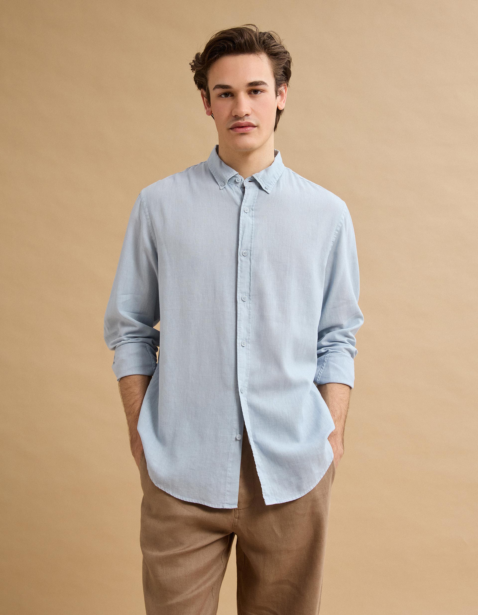 Camisa com Linho, Homem, Azul Claro