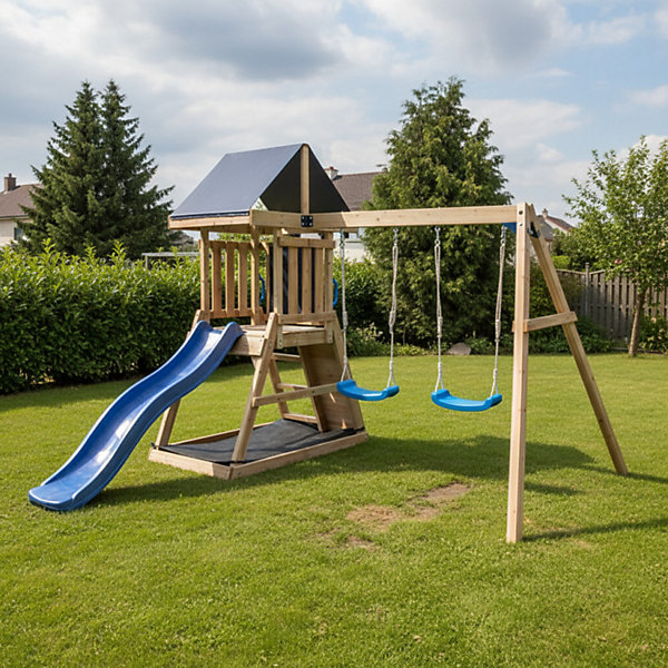 Aire de jeux bois thermo-traité Abracadaprout avec toboggan et balançoires 3-10 ans