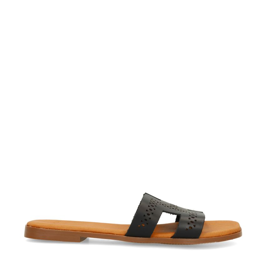 Manfield Zwarte leren slippers