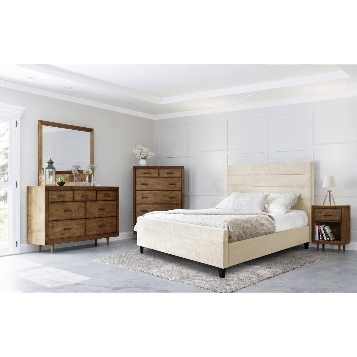 Abbyson Retro Mid Century Brown 6 Piece Bedroom Set with Upholstered Bed