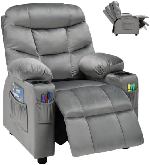 MAT EXPERT Kids Recliner, Velvet Adjustable Reading Chair w/ 2 Cup Holder, 3 Side Pocket Storage & Footrest, Kids Couch Gaming Chair, Toddler Lounge Chair for Boys Girls, Kids Room Playroom (Grey)