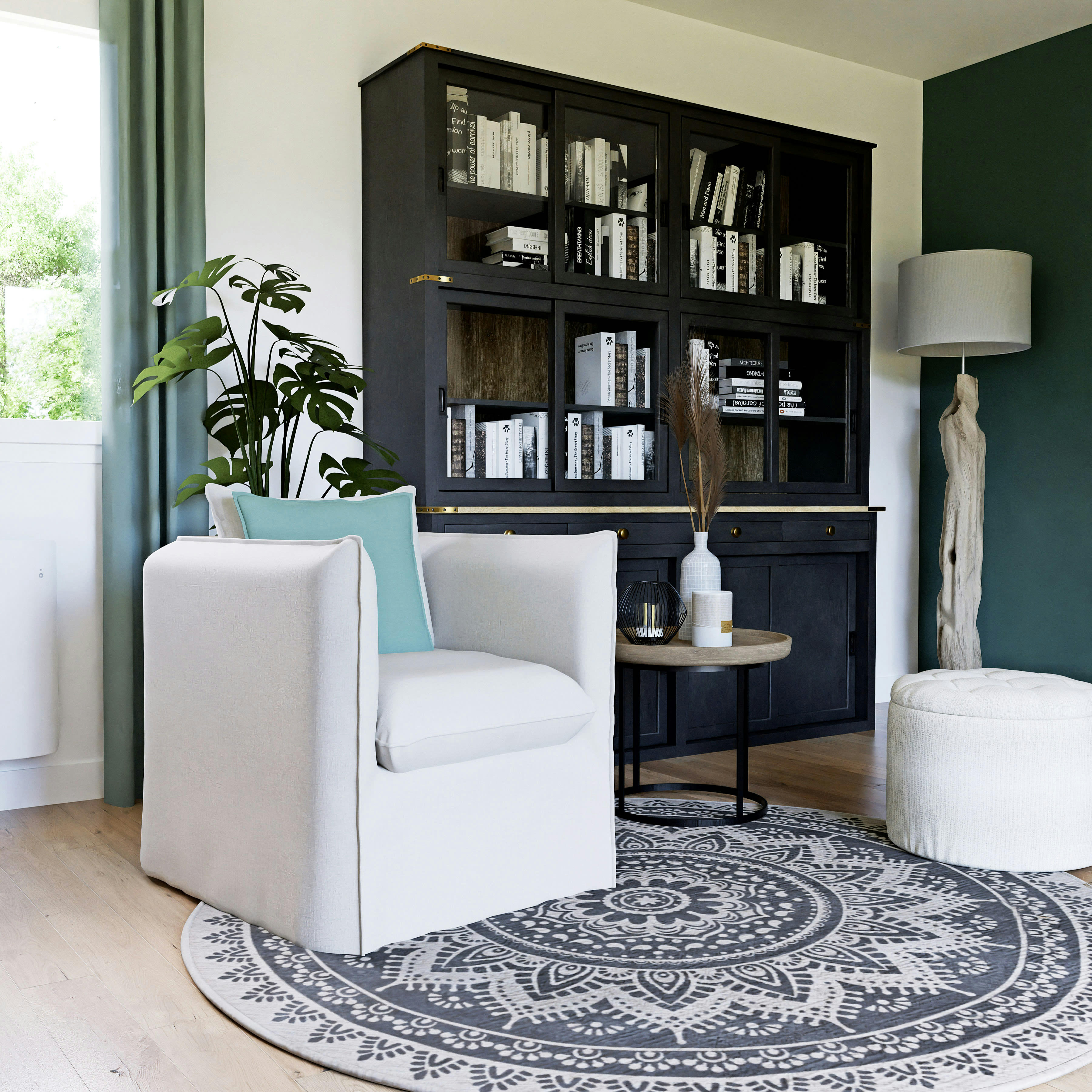 MANDALA - Tapis rond tissé en jute et coton recyclé gris anthracite à motifs D180