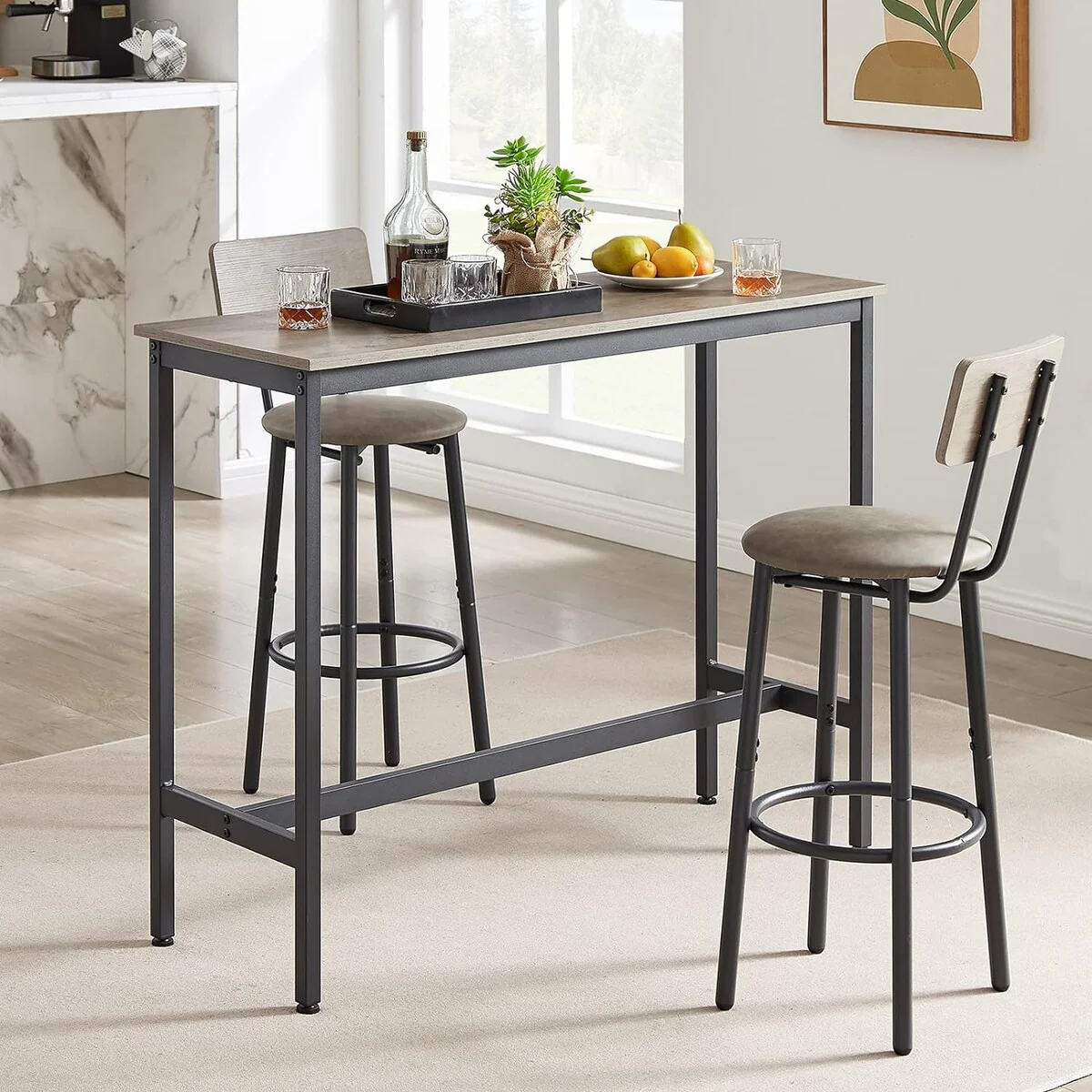 3 Pieces Bar Table and 2 Chairs Set, Industrial Style Bar Stools PU Upholstery Seat with Backrest