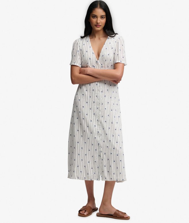 Printed Button Short Sleeve Midi Tea Dress