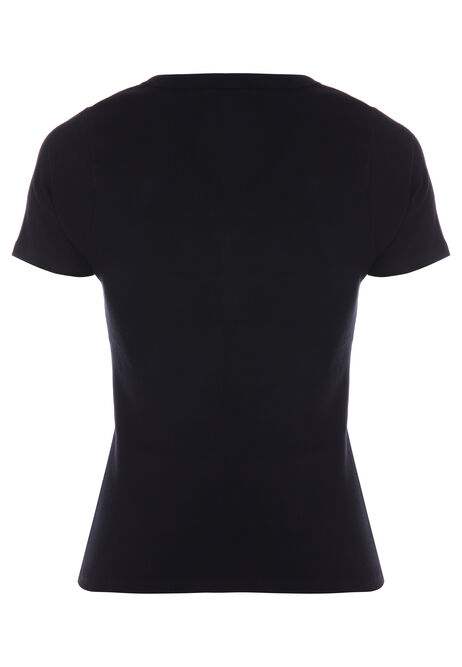 Womens Black V-Neck Placket Short Sleeve Top