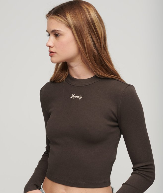 Ribbed Long Sleeve Embroidered Crop Top