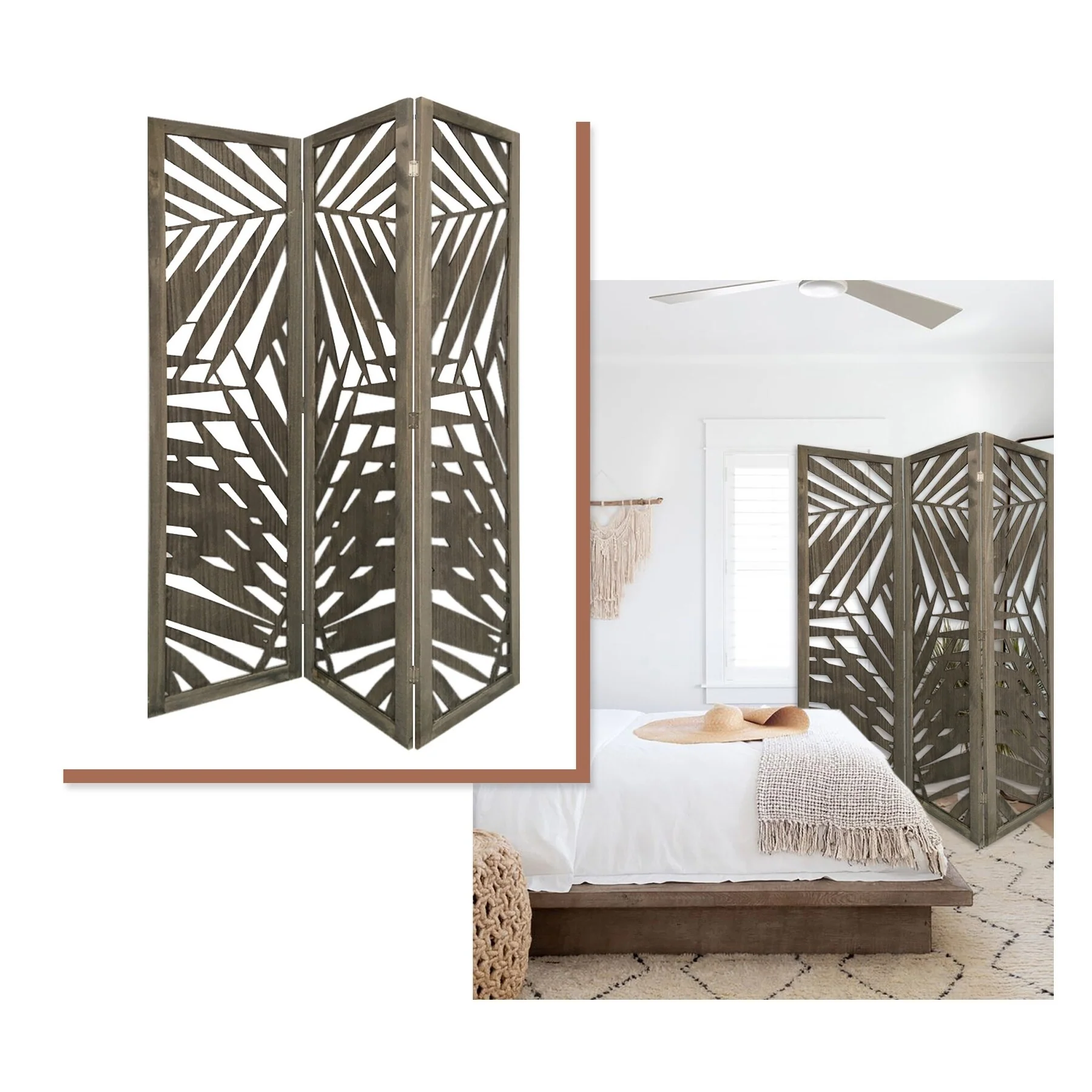 3 Panel Grey Room Divider with Tropical leaf
