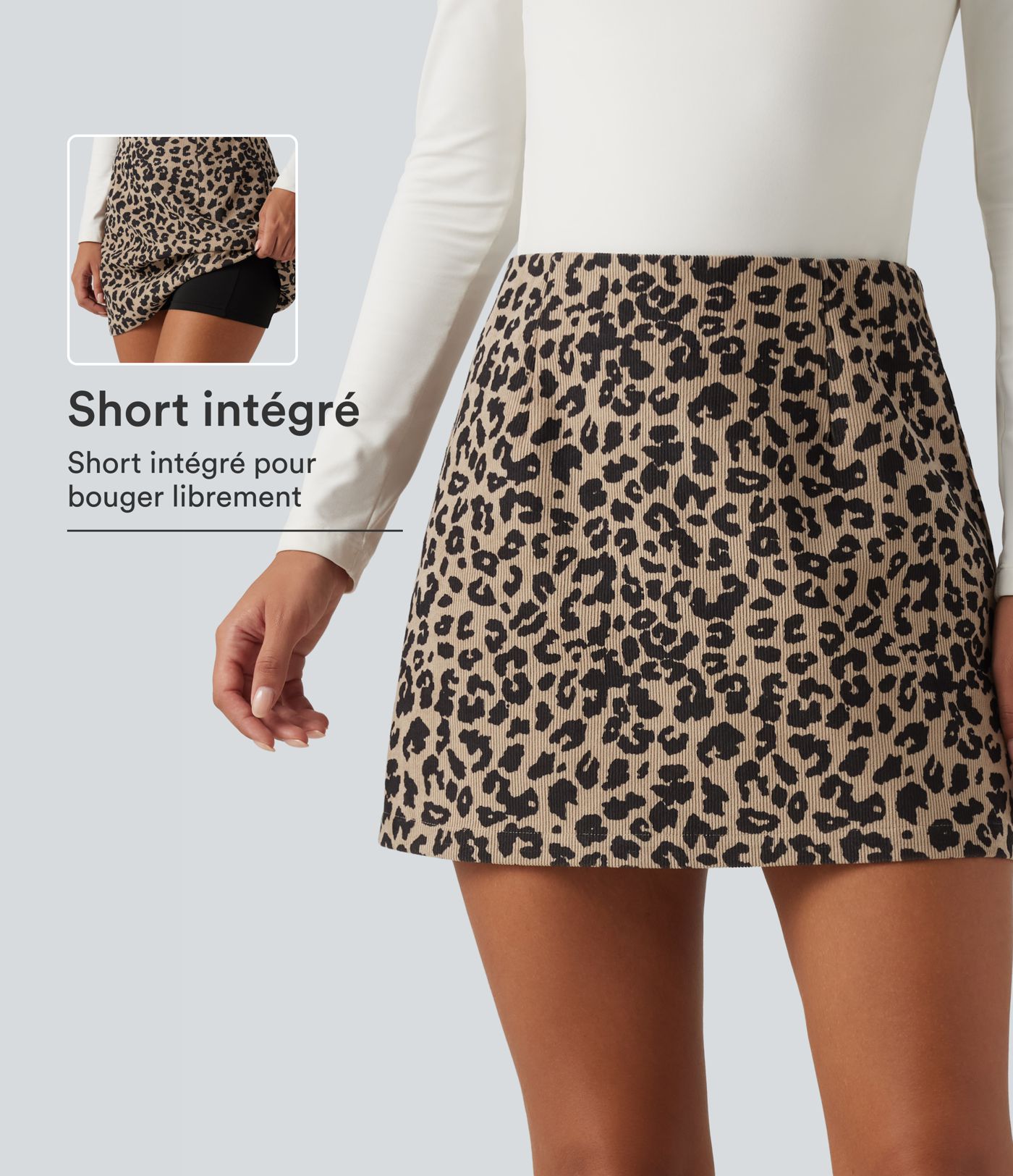 Jupe-short mini en velours côtelé imprimé léopard taille haute coupe trapèze avec poche