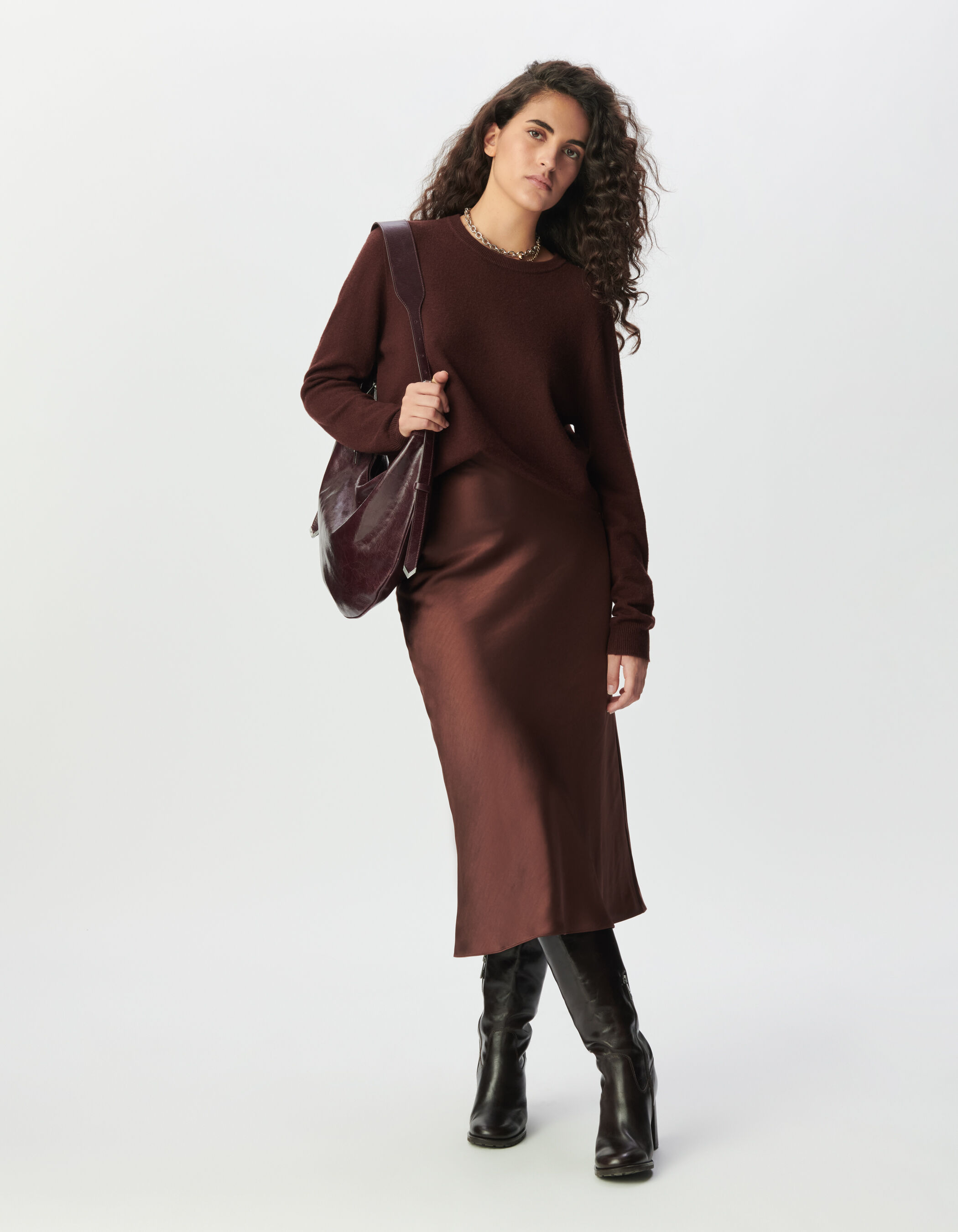 Jupe midi marron satinée Femme