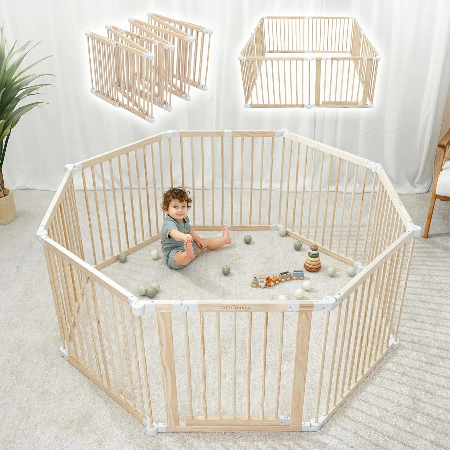 White Pine Baby Playpen  144x144 cm, Expandable to 579 cm, Safety Lock