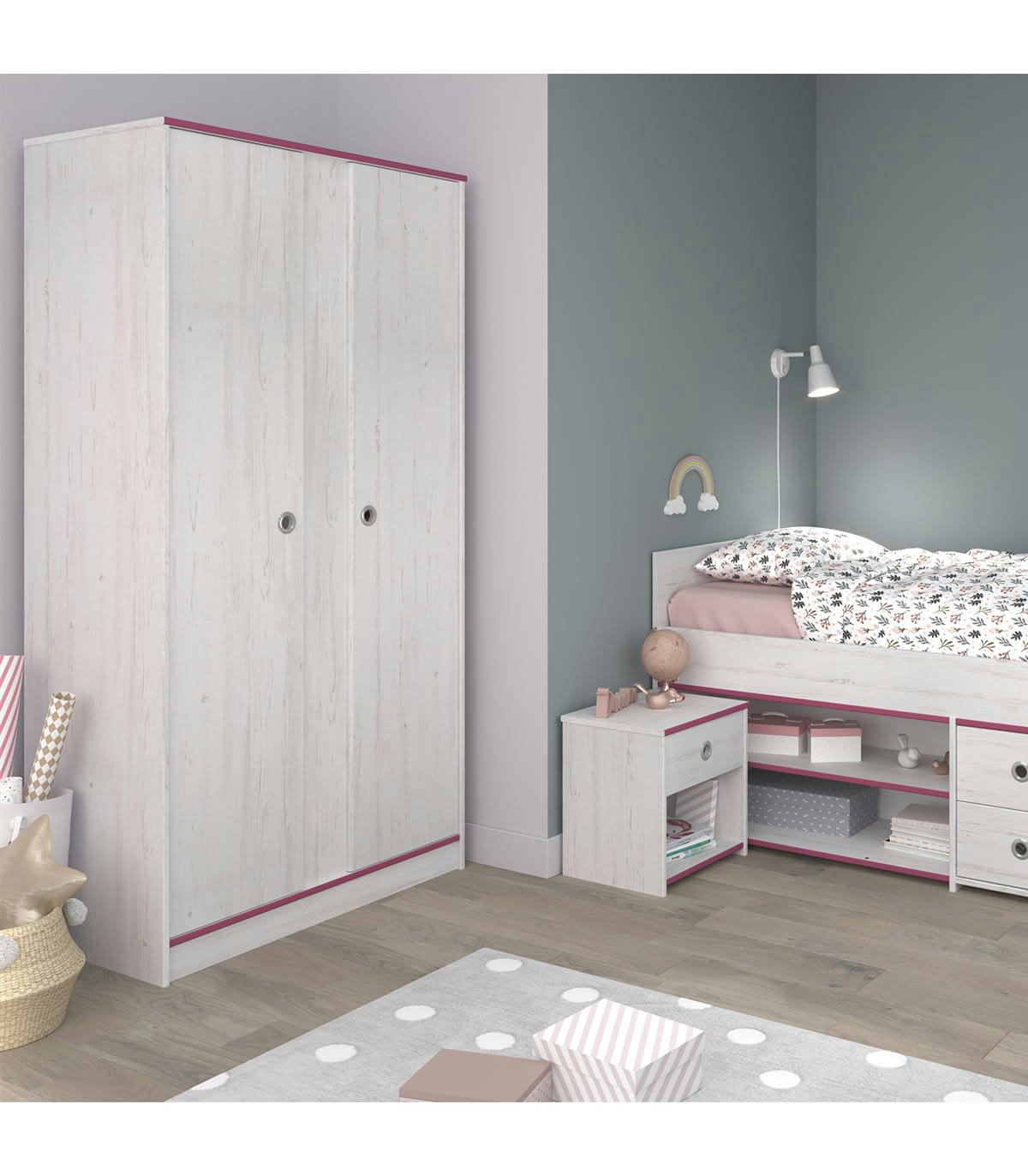 SNOOZY - Armoire 2 portes avec penderies et lingère L90 cm - Décor bois blanc