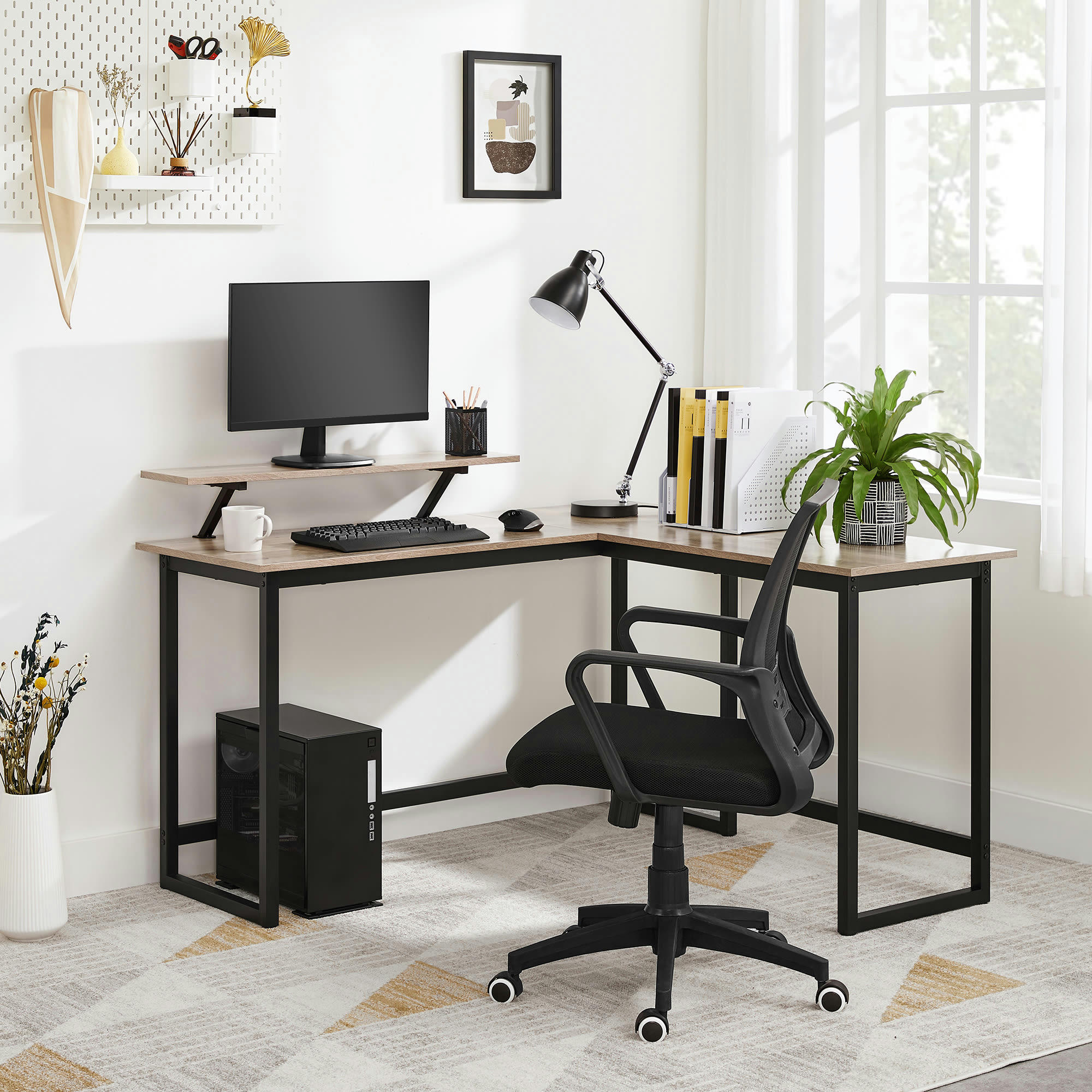 - Bureau d'angle support d'écran effet bois noir