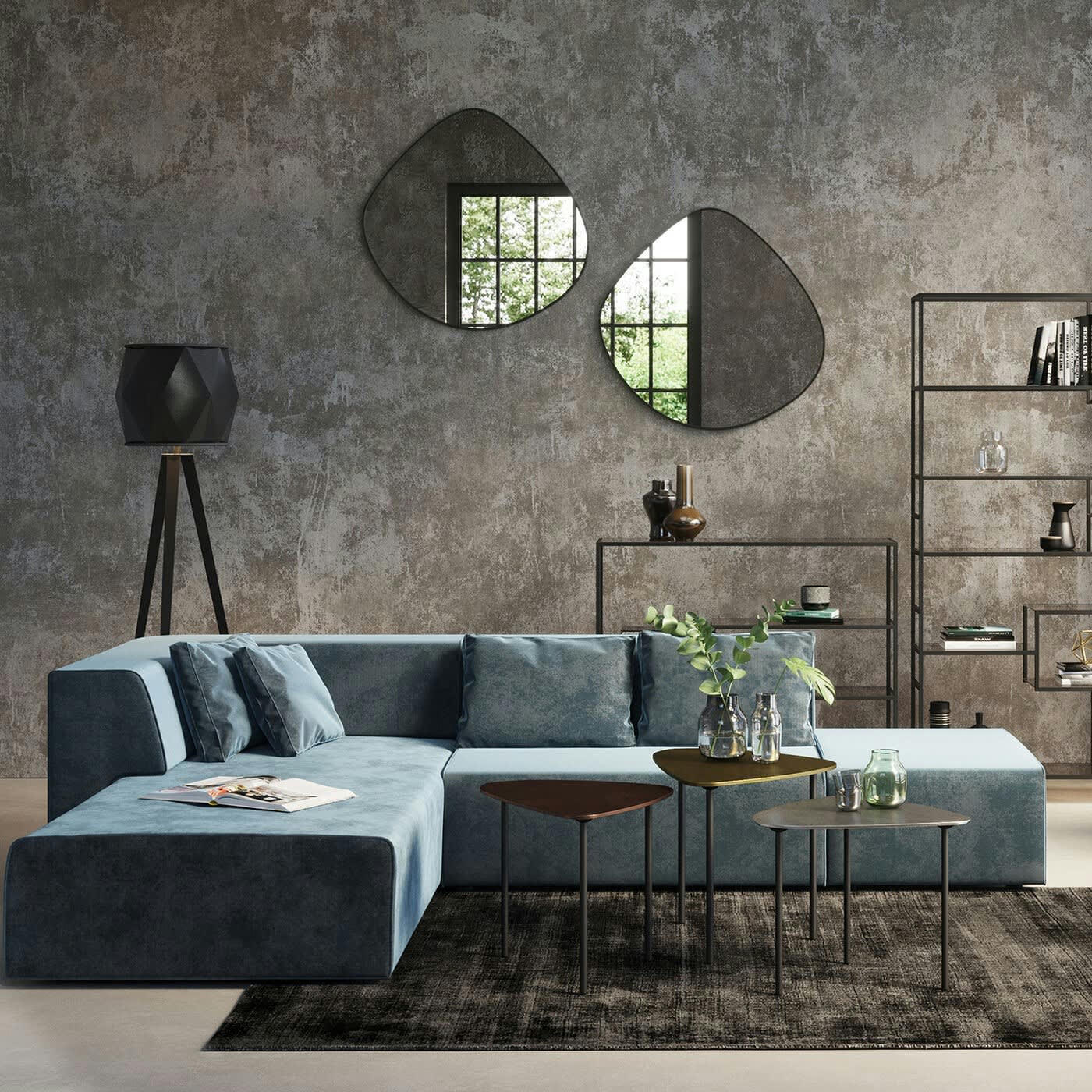 INFINITY - Canapé d'angle gauche 4 places en velours bleu océan