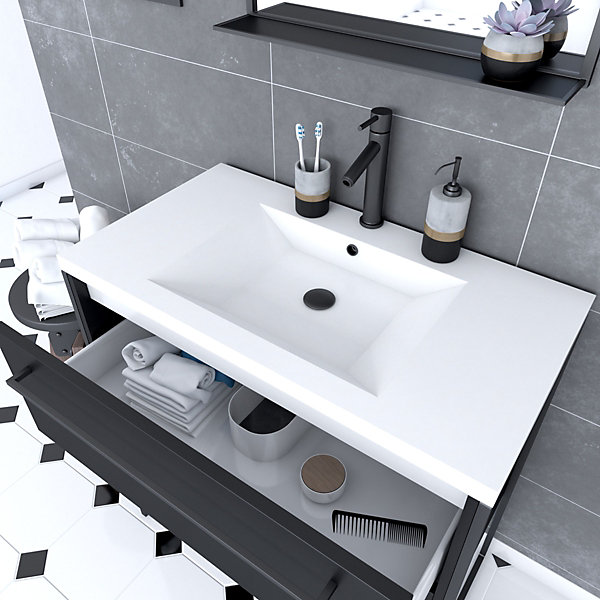 Pack Meuble de salle de bain 80x50 cm NOIR MAT - 2 tiroirs Noir mat - vasque blanche   miroir