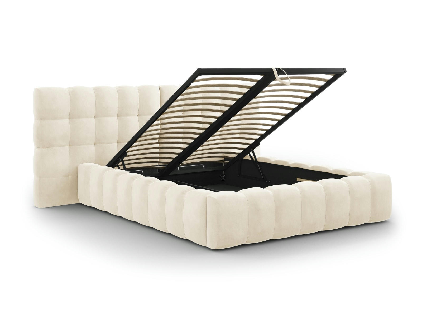 MAMAIA - Lit coffre en avec tête de lit double 140x200cm velours beige clair