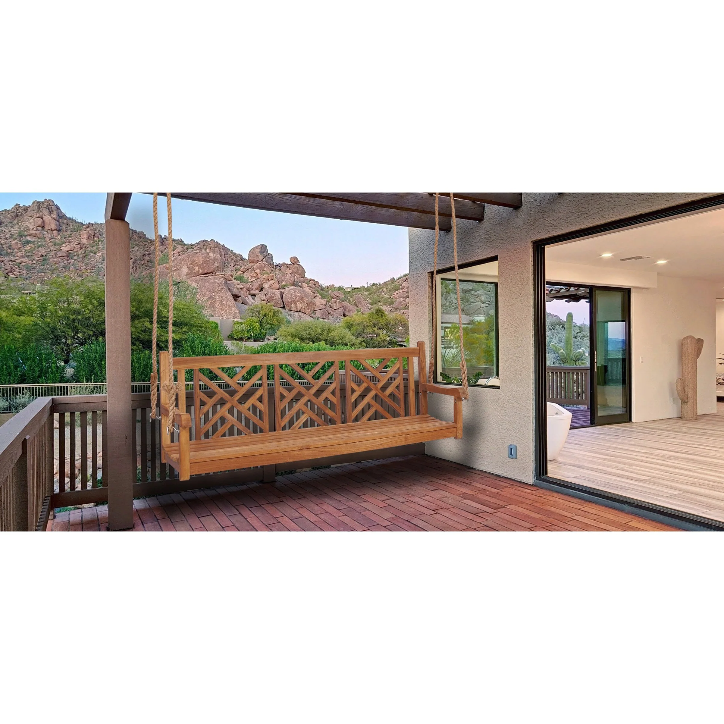 Chic Teak Chippendale Teak Wood Triple Porch Swing, 72 inch