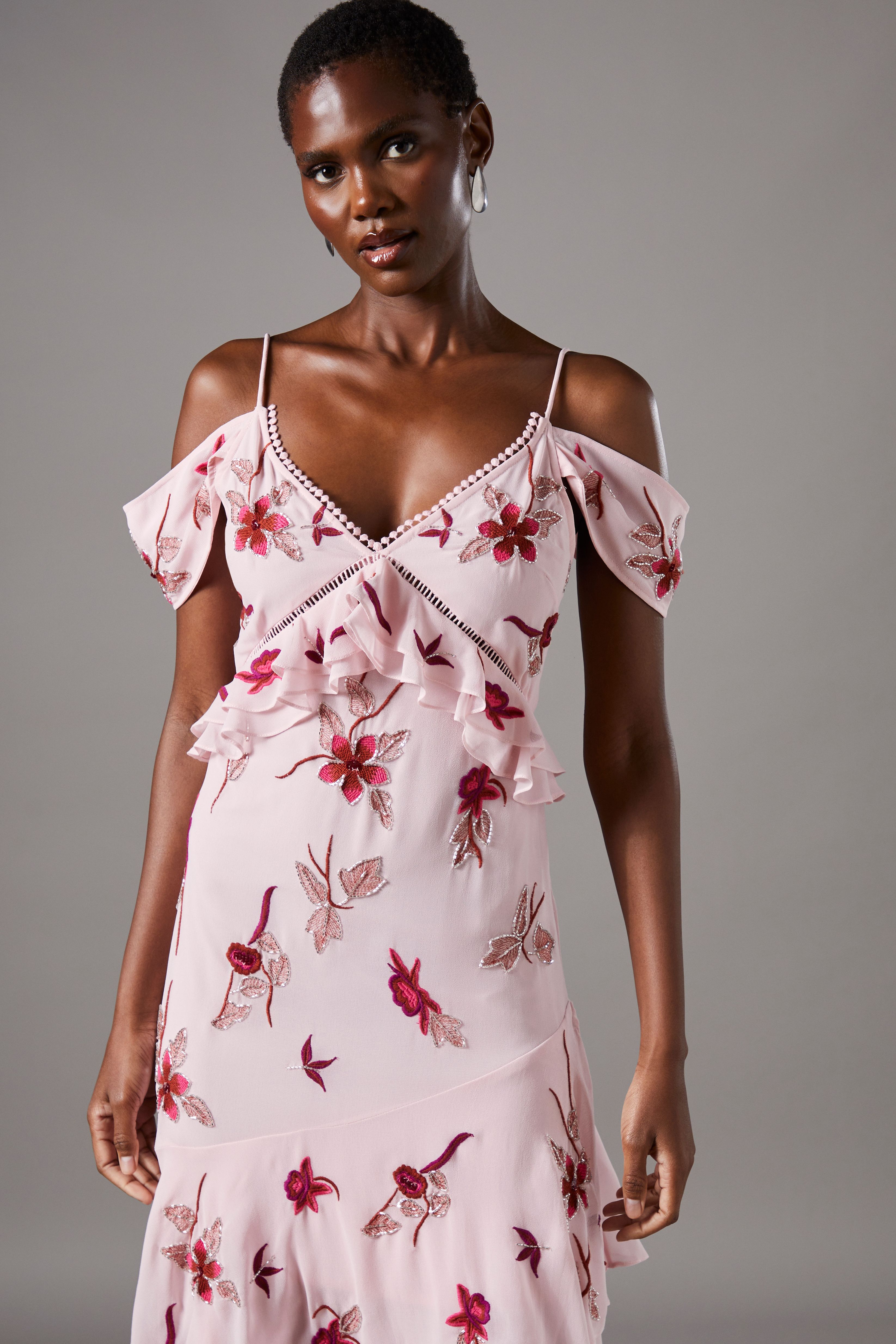 Coast Sequin Embellished Off Shoulder Midi Wedding Guest Dress