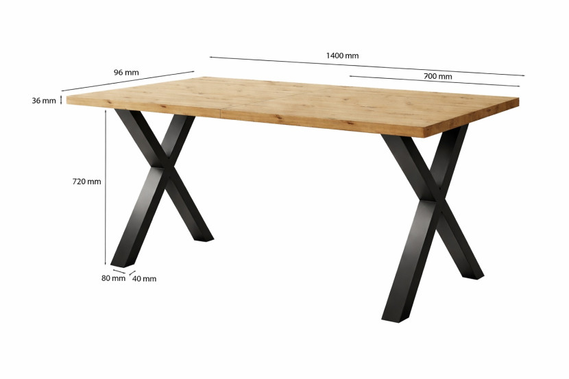 Stół loftowy SOFTI X nierozkładany 140x90, Dąb Artisan, n. złote