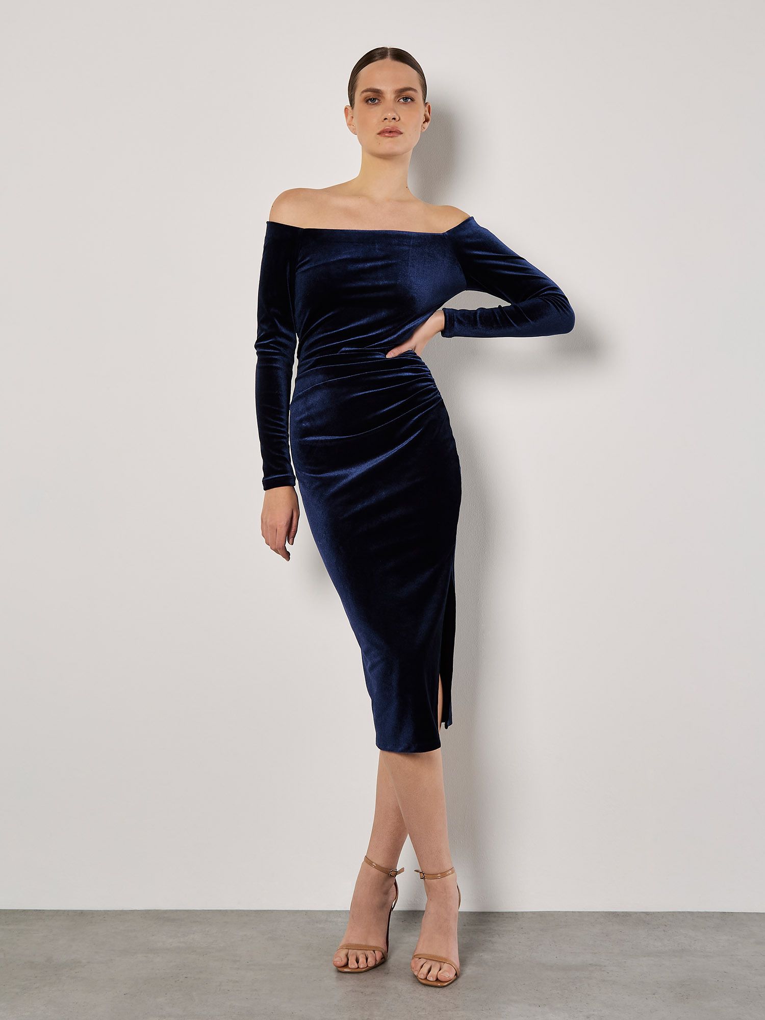 Apricot Bardot Velvet Midi Dress