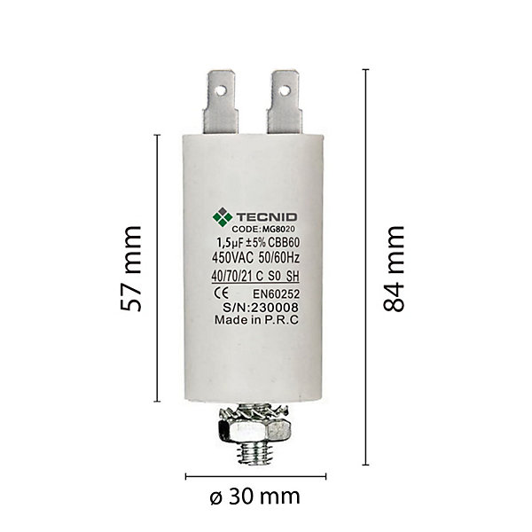 Condensateur de démarrage pour moteurs électriques, 450V, capacité : 2 microfarad, 4 broches / M8