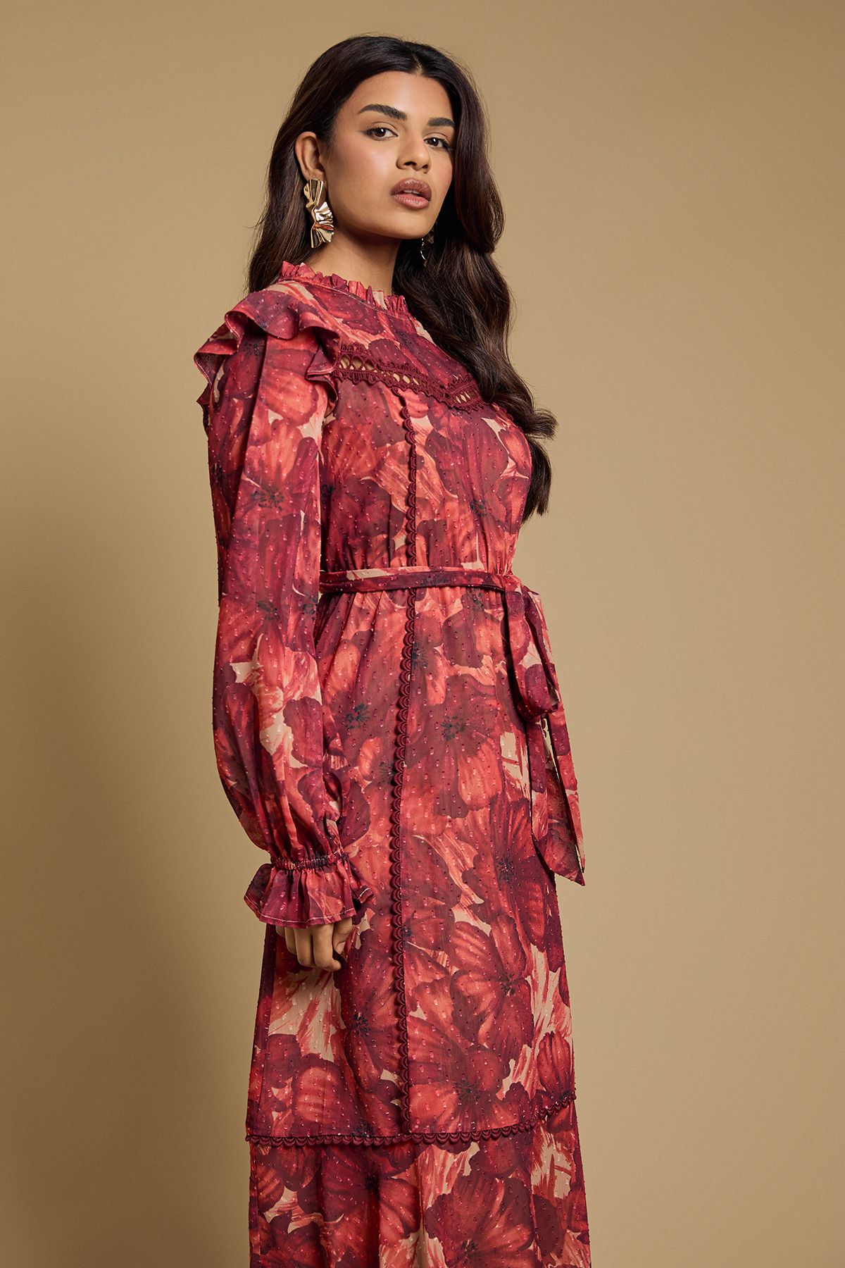 Oasis Petite Printed Dobby Chiffon Belted Waist Midi Dress