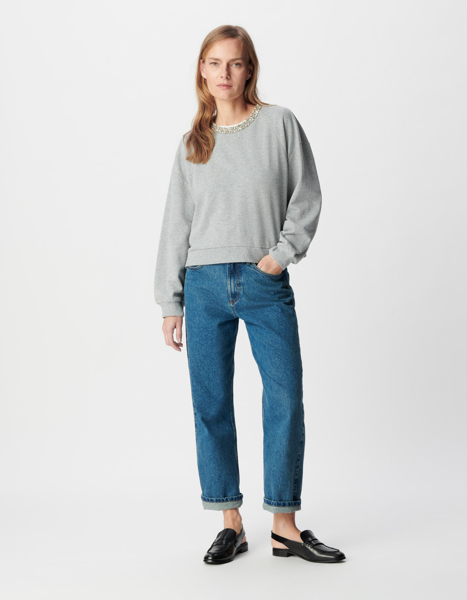 Sweat gris oversize à col bijou Femme