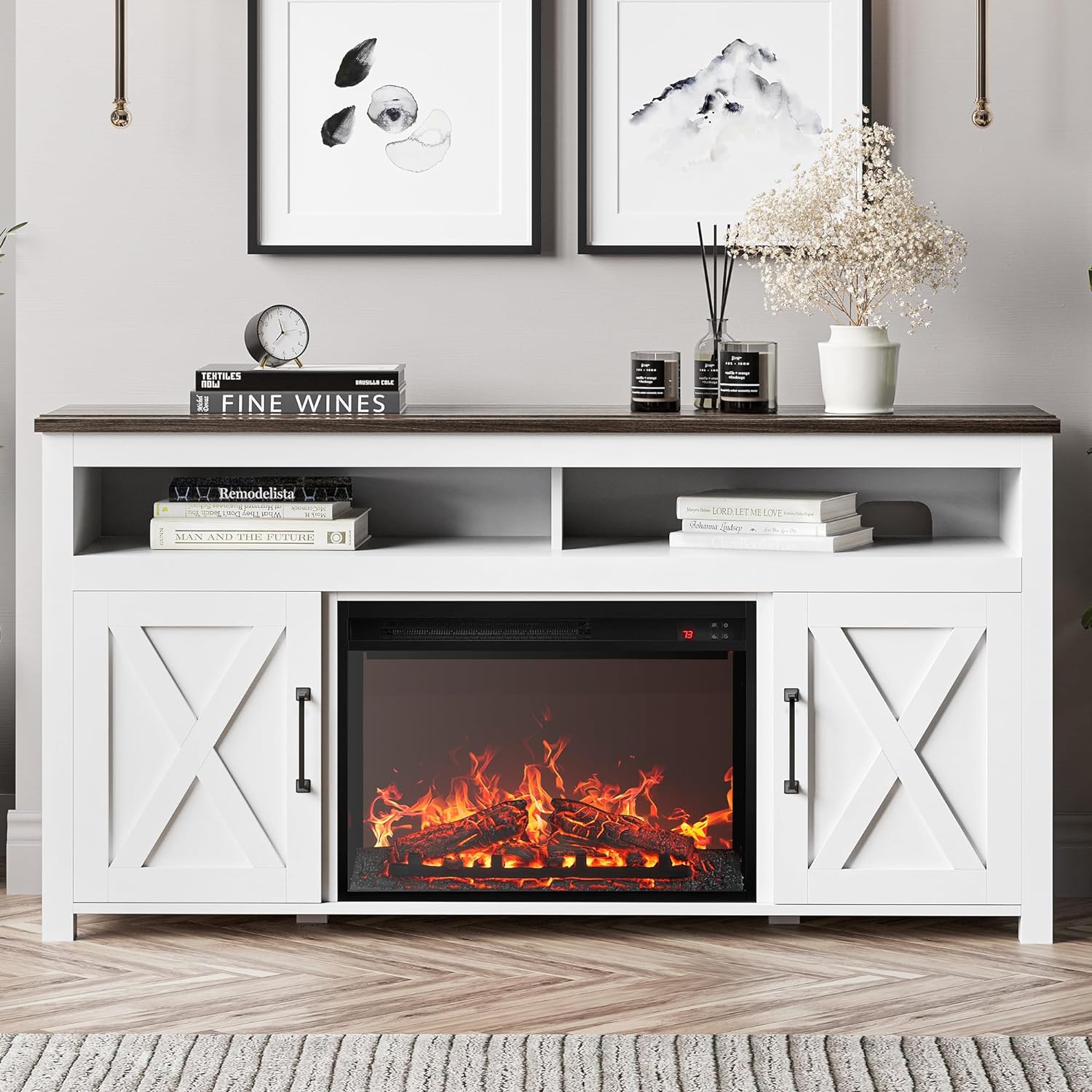 BELLEZE 58 Farmhouse Fireplace TV Stand for TVs up to 65, 23 Electric Fireplace Heater with Sound, Entertainment Center Media Console Table Barn Door Storage Cabinets for Living Room - White