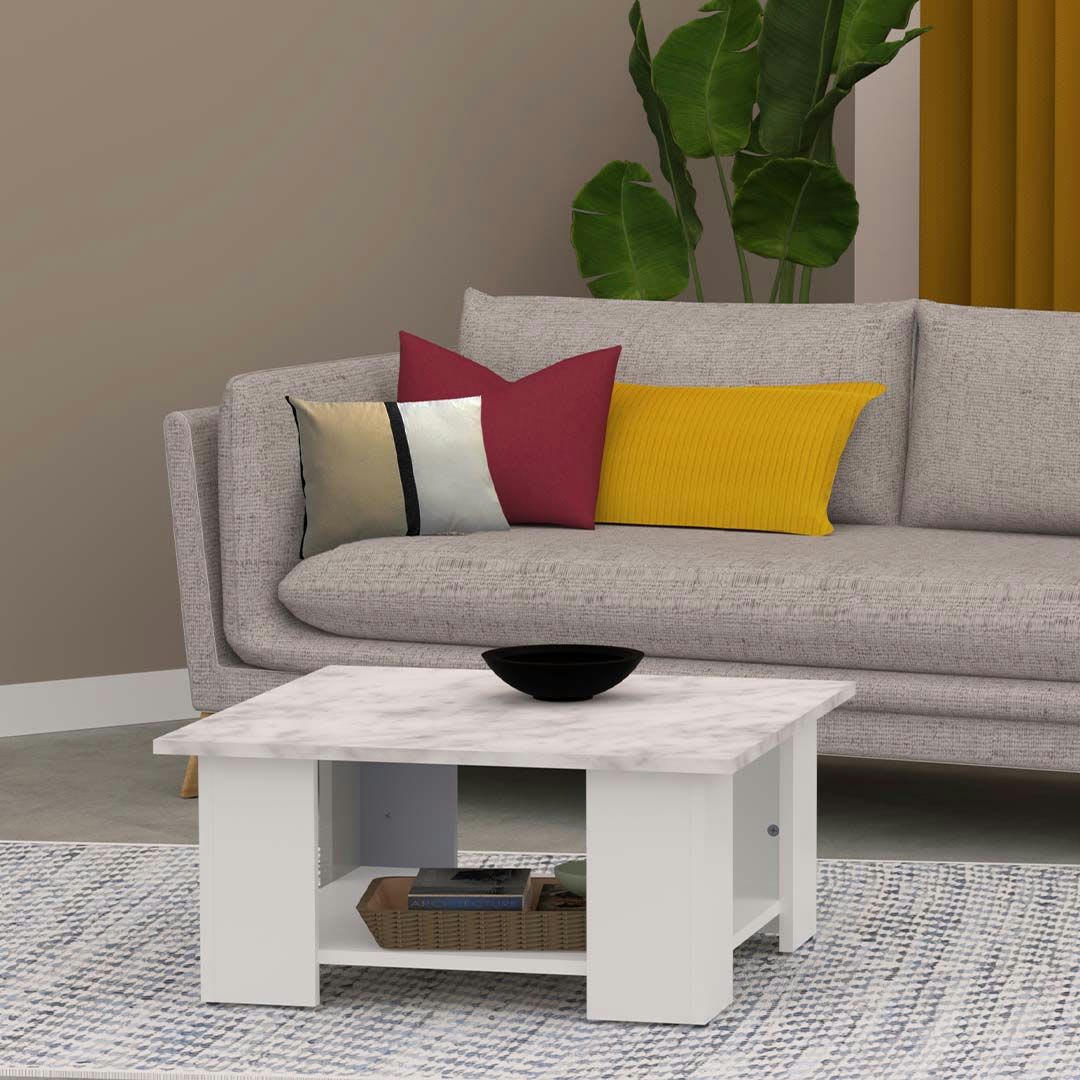 SQUARE - Table basse effet bois blanc et marbre