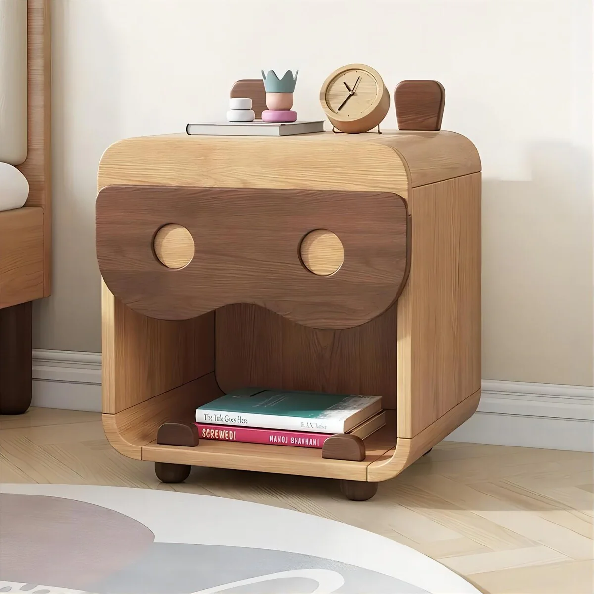 Children's Cartoon Solid Wood Legs Double Drawer Storage Bedside Table Nightstand