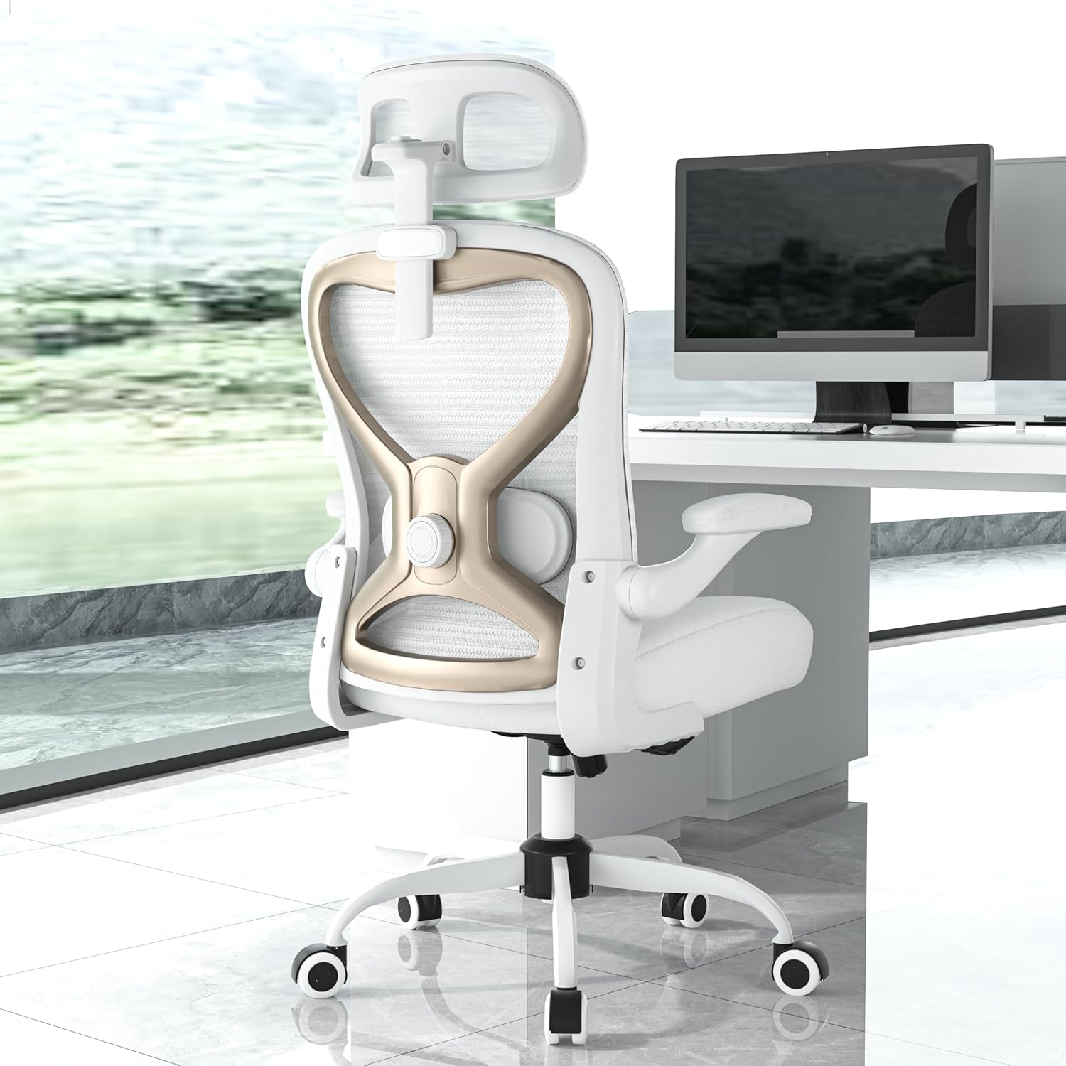 Ergonomic Office Chair for Back & Neck Pain Relief, Virgin Foam Seat, 2D Adjustable Lumbar & 3D Headrest, Tilt & Rock for Relaxation, Ideal for Long Sitting Comfort, White/Gold