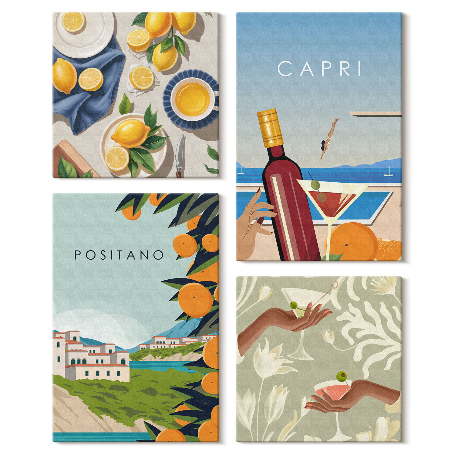 Obraz canvas 4 częściowy Cytryny Positano |40x40, 40x60| Wallfluent