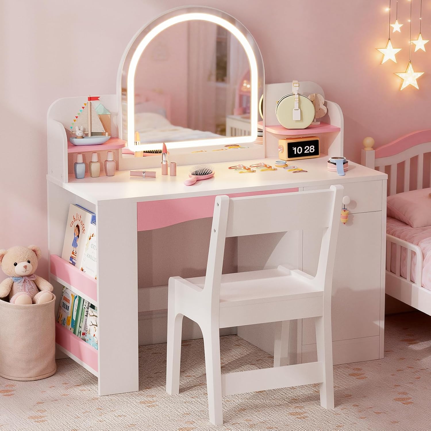 Teckid Kids Vanity Set with Chair and Lights, 2 in 1 Princess Makeup Desk, Toddler Vanity Table with Lighted Mirror, Open Bookshelf, Shelves, Drawers and Storage Cabinet for Little Girls (White)