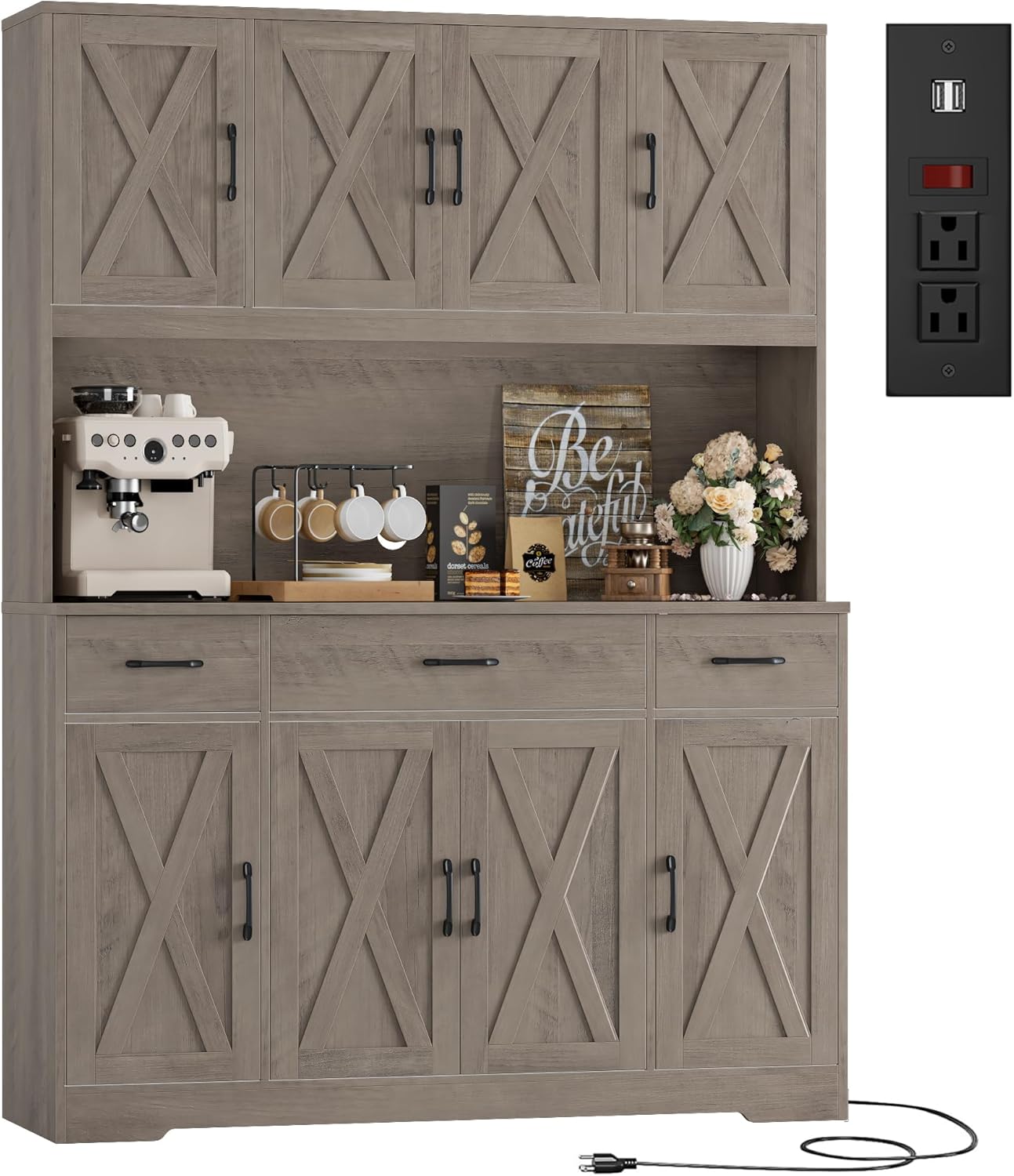 HOSTACK 71 Tall Pantry Cabinet with Charging Station, 55 Wide Kitchen Pantry Storage Cabinet with Countertop, Large Kitchen Hutch with Storage Drawers and Microwave Stand for Dining Room, Ash Grey