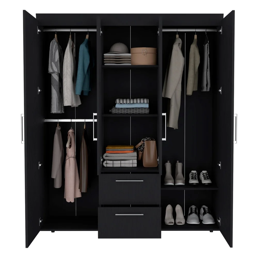 19.8 Modern Four-door Armoire with Hanging Rod, Two Spacious Drawers and Three Shelves