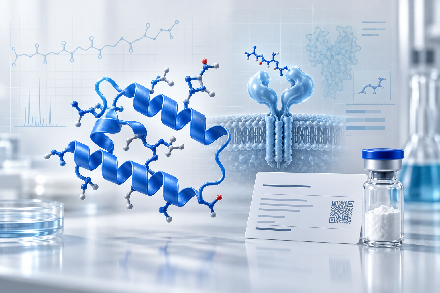 Blue receptor-pathway diagram and a semaglutide research vial on a pale laboratory grid.