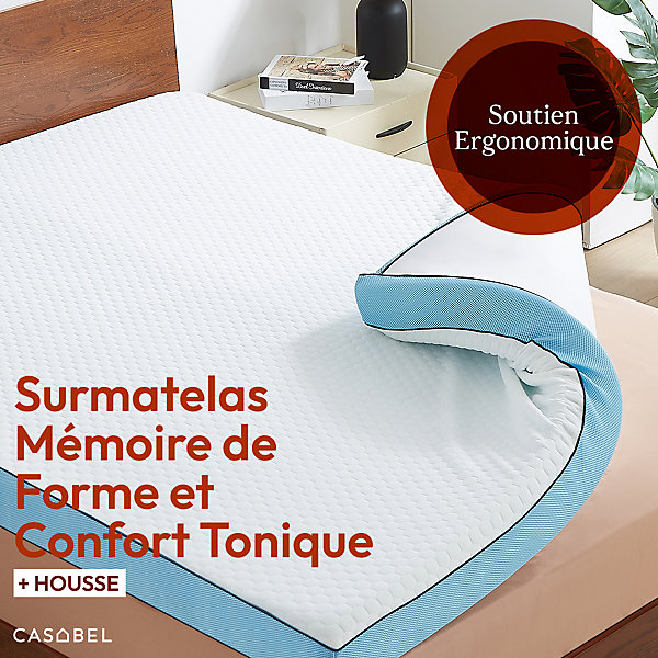 CASABEL Surmatelas 140 x 190 cm Mémoire de Forme - 7 cm d'épaisseur - Confort Moelleux ou Tonique, Double Face avec Housse Respira