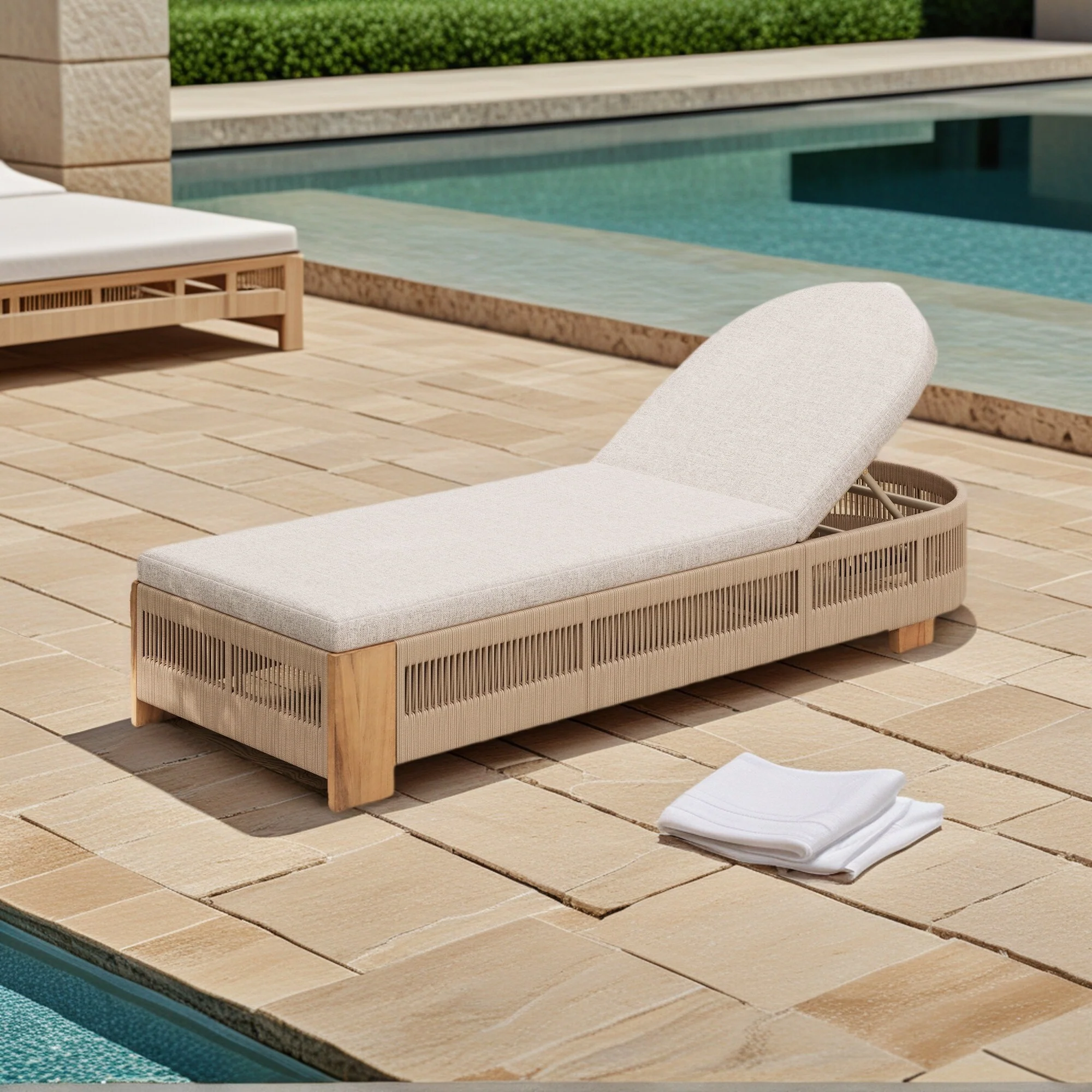 Outdoor Chaise Lounge w/Adjustable Backrest and Waterproof Cushion, Acacia Wood Pool Chair