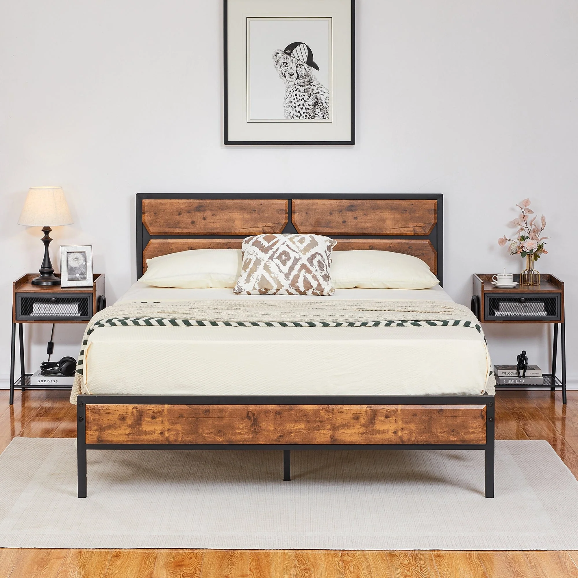 Industrial 3 Piece Platform Bed Frame and Nightstand Set , Rustic Brown