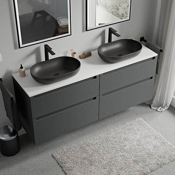 Meuble sous vasque suspendu MDF Anthracite mat, plan vasque Blanc mat, tiroirs pivotants - 160x46x62cm - VIREO