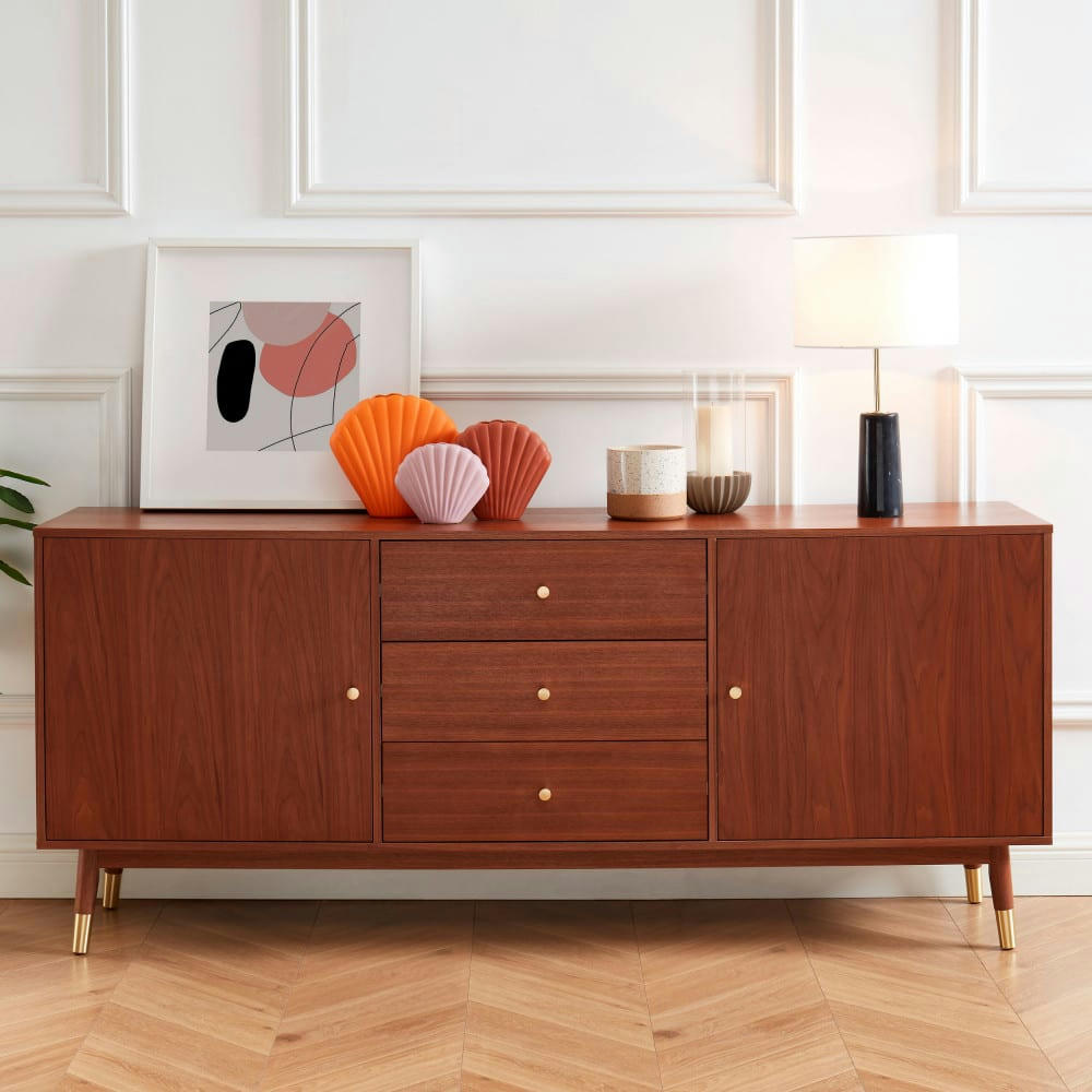 GRUDE - Buffet vintage 2 portes 3 tiroirs en bois L180 cm bois foncé