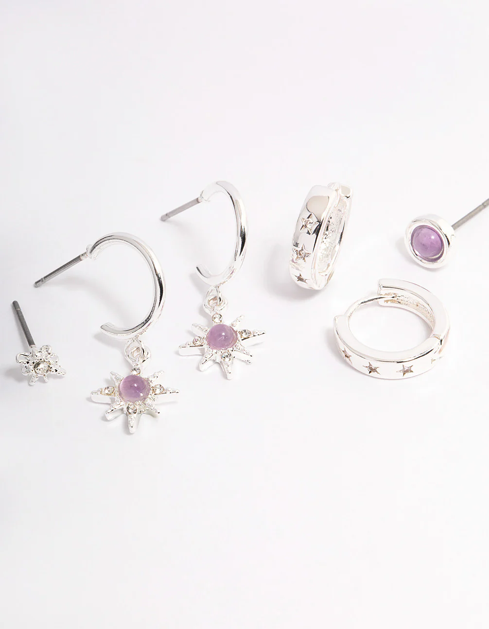 Silver Amethyst Starburst Stacker Earrings