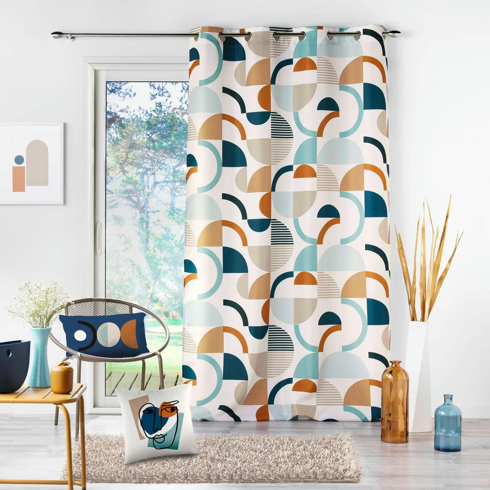 - Rideau d'ameublement esprit graphique polyester bleu 140x260 cm