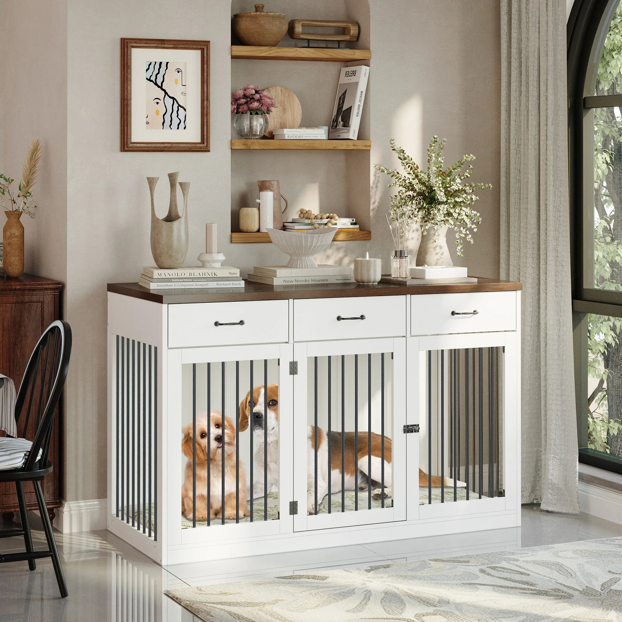 Modern Large Dog Crate with Storage Drawers - Elegant Espresso Finish