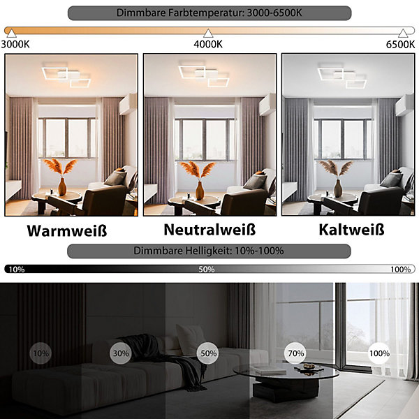 NETTLIFE Plafonnier LED Salon Blanc Dimmable Carré Moderne 32w Avec Télécommande