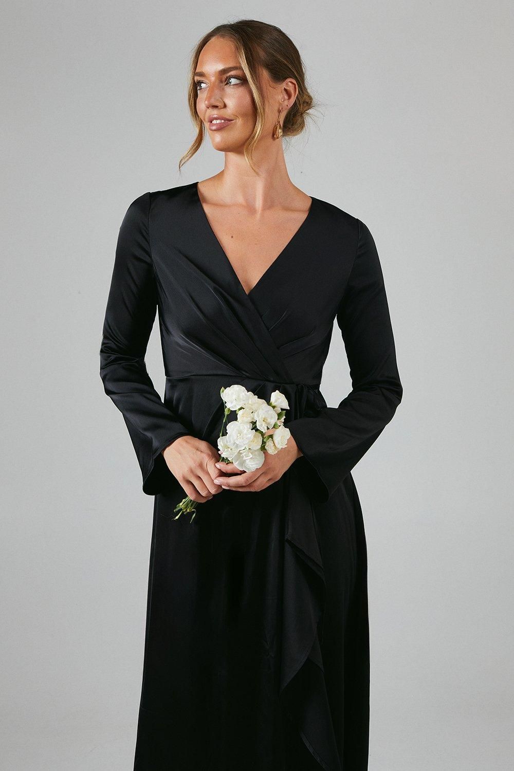 Debut London Debut London by Coast Long Sleeve Waterfall Detail Satin Bridesmaid Dress