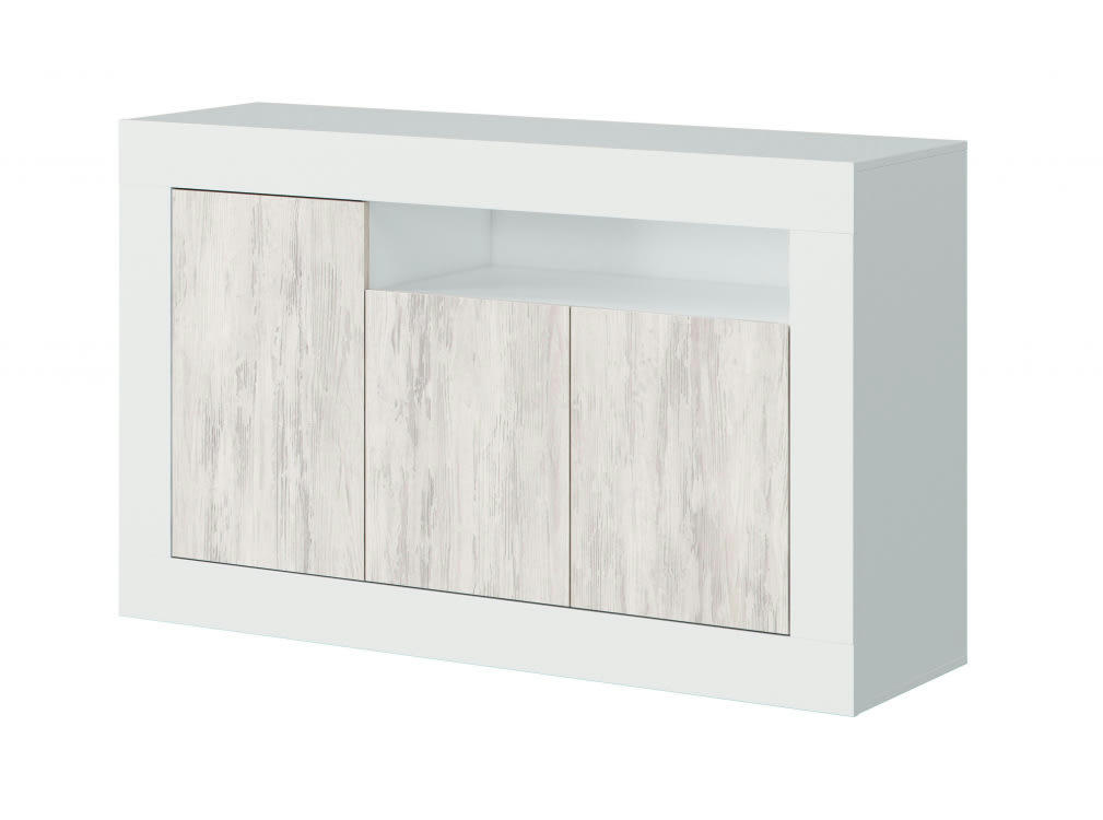 GWEN - Buffet moderne blanc/bois 3 portes et 1 étagère L144cm