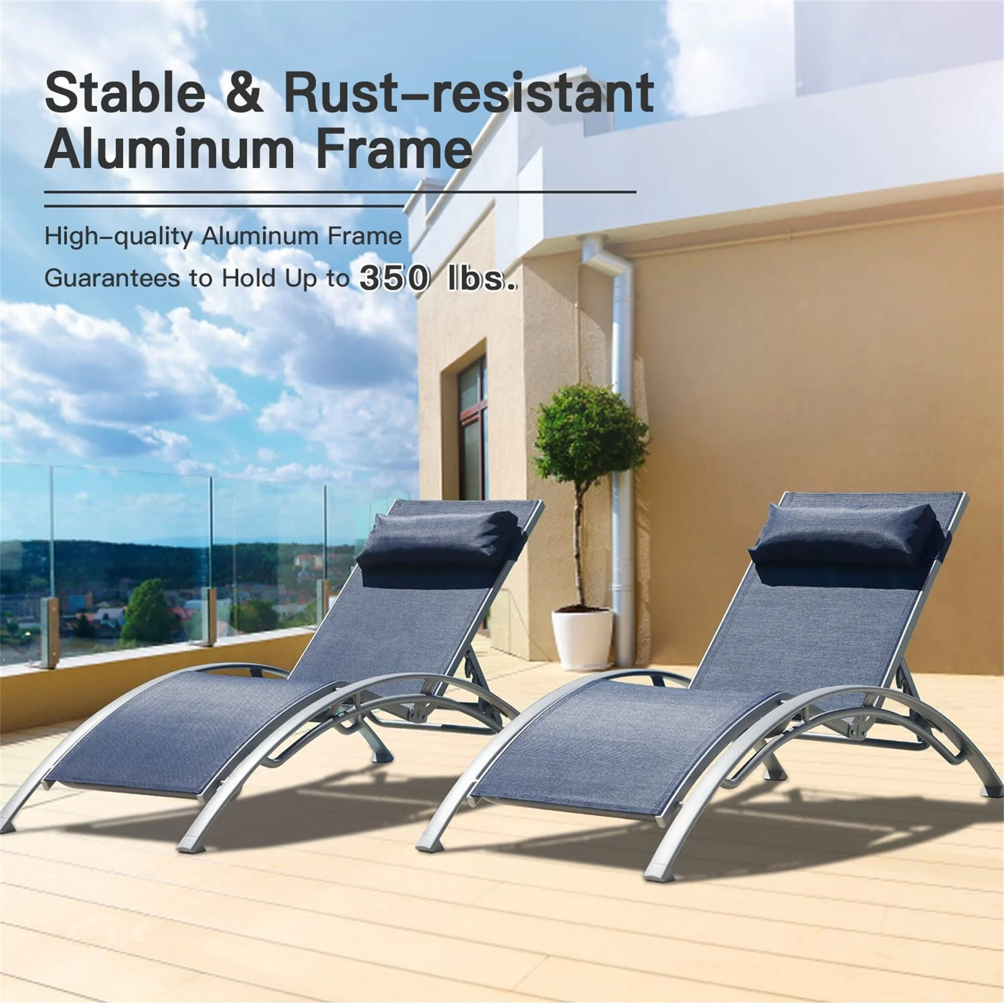 Pool Lounge Chairs Set of 3, Adjustable Aluminum Outdoor Chaise Lounge Chairs with Metal Side Table, All Weather