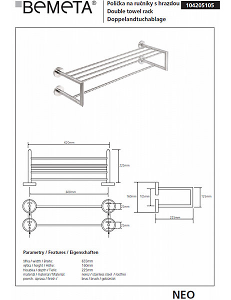 Etagère porte-serviettes avec double trapèze NEO 65x15,5x22,5 cm